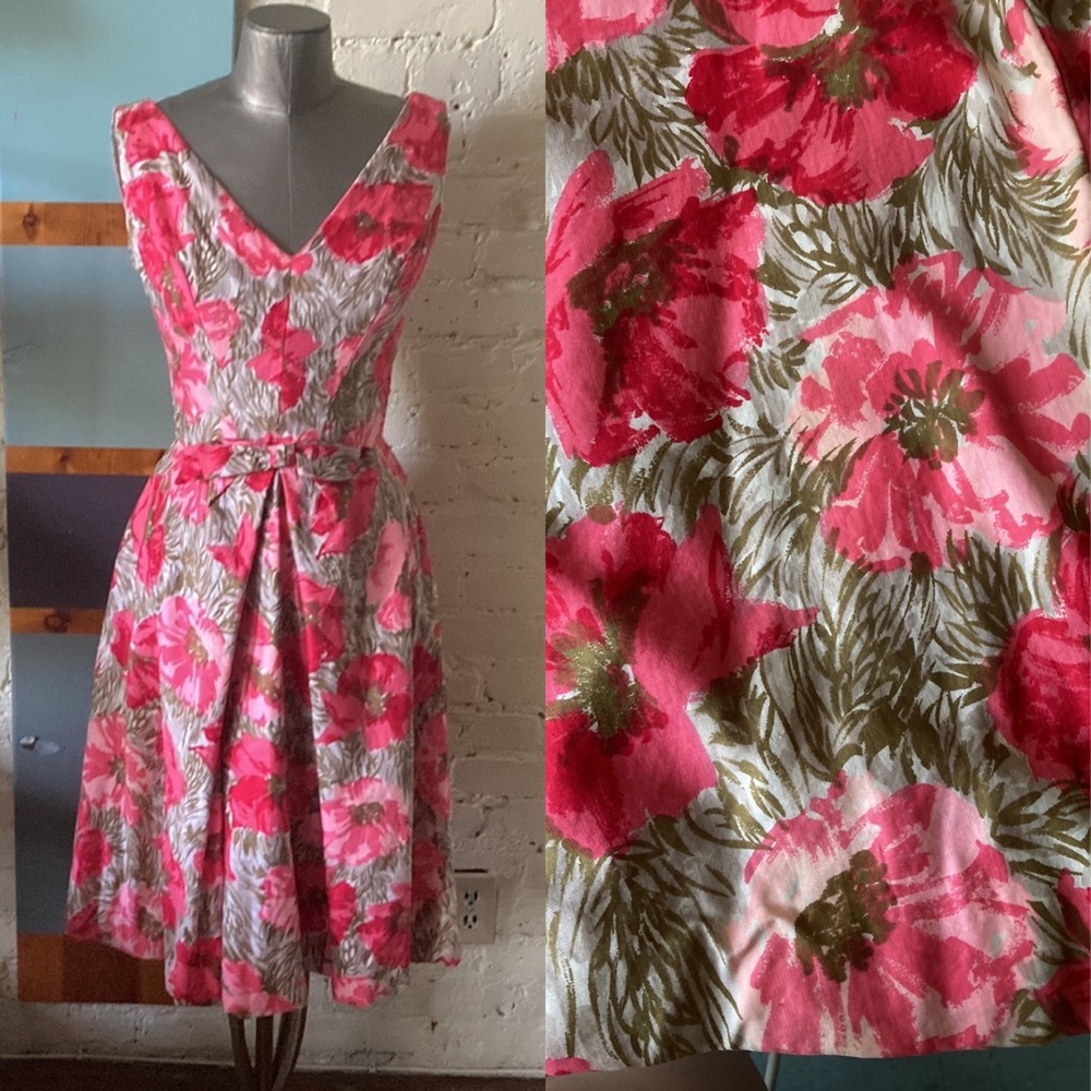 Vintage 50s / 60s pink floral fitted bodice cotton party dress sz XS